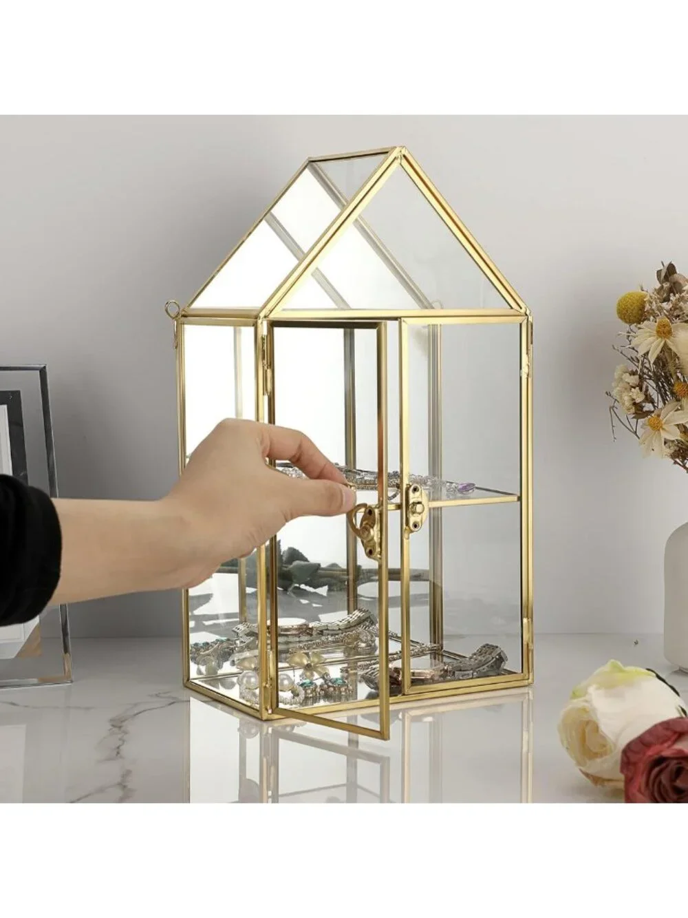 2-Tier Clear Glass Jewelry & Makeup Organizer, Gold Mirrored Decorative Storage